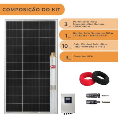 Segunda imagem do produto Kit Bombeamento Solar Até 3000l/h 32MCA 300W 24V Ebara