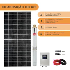 Segunda imagem do produto Kit Bombeamento Solar Até 3800l/h 126MCA 750W 96V Ebara