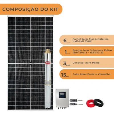 Segunda imagem do produto Kit Bombeamento Solar Até 4000l/h 184MCA 1500W 180V Ebara