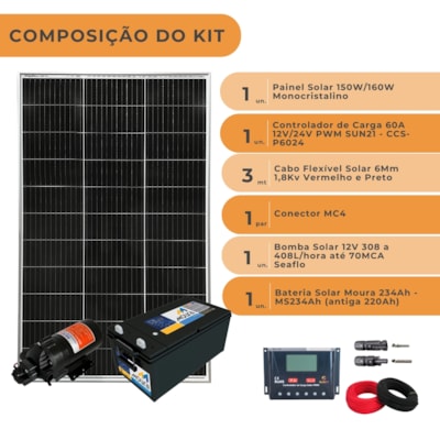 Segunda imagem do produto Kit Bombeamento Solar Motorhome Seaflo 70M com Bateria Moura