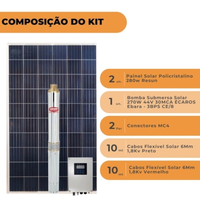 Segunda imagem do produto Kit Bombeamento Solar Palito 270W 44V 30MCA com Drive Ebara