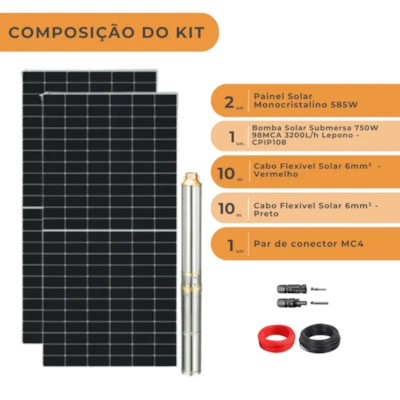 Segunda imagem do produto Kit Completo Bomba Solar Bomba Solar Submersa 750W 98MCA 3200L/h Lepono