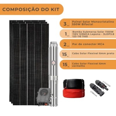 Segunda imagem do produto Kit Completo Bomba Submersa Solar 1100W 1,5CV 110V 123MCA C/Box Lepono