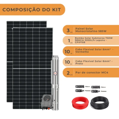 Segunda imagem do produto Kit Completo Bomba Submersa Solar 1100W 110V 123MCA Lepono