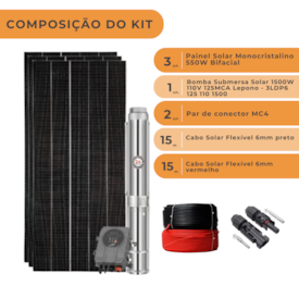 Segunda imagem do produto Kit Completo Bomba Submersa Solar 1500W 2CV 110V 125MCA C/Box Lepono