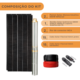 Segunda imagem do produto Kit Completo Bomba Submersa Solar 580W 72V 62MCA 