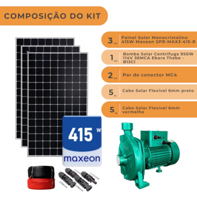 Segunda imagem do produto Kit de bombeamento solar Bomba Ebara 950W 114V 36MCA e 3 Painéis Maxeon 415W
