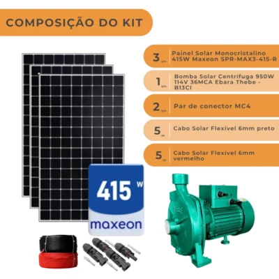 Segunda imagem do produto Kit de bombeamento solar Bomba Ebara 950W 114V 36MCA e 3 Painéis Maxeon 415W