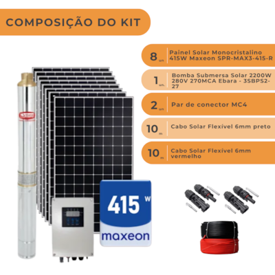 Segunda imagem do produto Kit de bombeamento solar Bomba Ebara Submersa Solar 2200W 280V 270MCA e 8 Painéis Maxeon 415W
