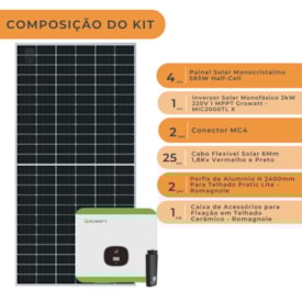 Segunda imagem do produto Kit Energia Solar 300kwh Mês com Inversor Growatt 220V Para Telhado Cerâmico/Colonial