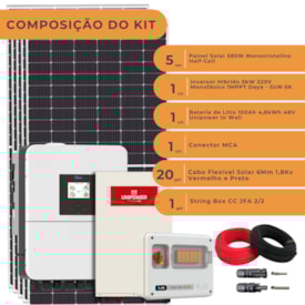 Segunda imagem do produto Kit Energia Solar 300kwh/mês Híbrido Deye 220v C/ Bateria Unipower 5kW