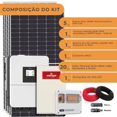 Segunda imagem do produto Kit Energia Solar 300kwh/mês Híbrido Deye 220v C/ Bateria Unipower 5kW