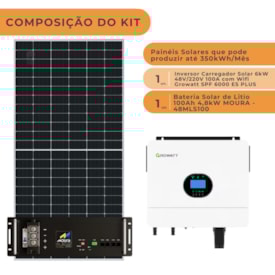Segunda imagem do produto Kit Energia Solar 350kWh/mês Inversor Growatt 48V 220V Bateria de Lítio Moura