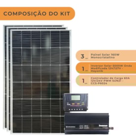 Segunda imagem do produto Kit Energia Solar 480W com Inversor 5000W 12V 110V