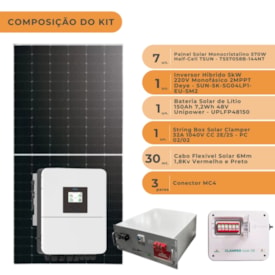 Segunda imagem do produto Kit Energia Solar 491kWh/mês Híbrido Deye 220V e Bateria de Lítio 150Ah 220/48V