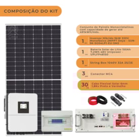 Segunda imagem do produto Kit Energia Solar 491kWh/mês Híbrido Deye 220V e Bateria de Lítio 150Ah 220/48V