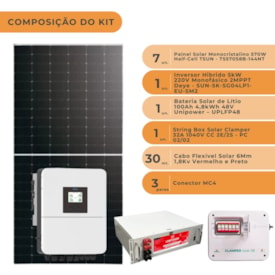 Segunda imagem do produto Kit Energia Solar 491kWh/mês Híbrido Deye 220V e Bateria de Lítio 5kWh 220/48V