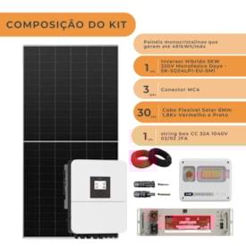 Segunda imagem do produto Kit Energia Solar 491kWh/mês Híbrido Deye 220V e Bateria de Lítio 5kWh 220/48V