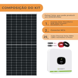Segunda imagem do produto Kit Energia Solar 500kWh Mês Monocristalino Inversor Growatt 3kW 220V