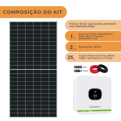 Segunda imagem do produto Kit Energia Solar 500kWh Mês Monocristalino Inversor Growatt 3kW 220V