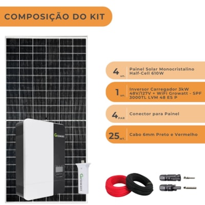 Segunda imagem do produto Kit Energia Solar Offgrid 2,44kWp 4 Painel 610W Inversor Growatt 3kW 110V