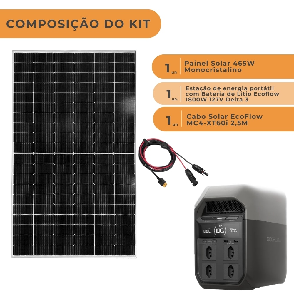 Kit Estação de Energia Ecoflow Delta 3 127V 1800W com Painel 465W