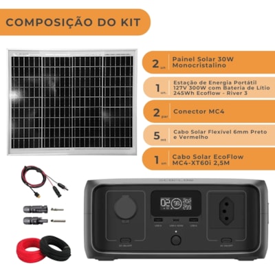 Segunda imagem do produto Kit Estação de Energia Ecoflow River 3 127V 300W 245Wh com 2 Painéis 30W