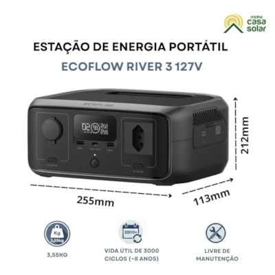 Kit Estação de Energia Ecoflow River 3 127V 300W 245Wh com Painel 45W