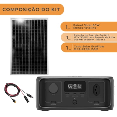 Segunda imagem do produto Kit Estação de Energia Ecoflow River 3 127V 300W 245Wh com Painel 60W