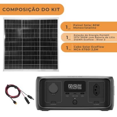Segunda imagem do produto Kit Estação de Energia Ecoflow River 3 127V 300W 245Wh com Painel 80W