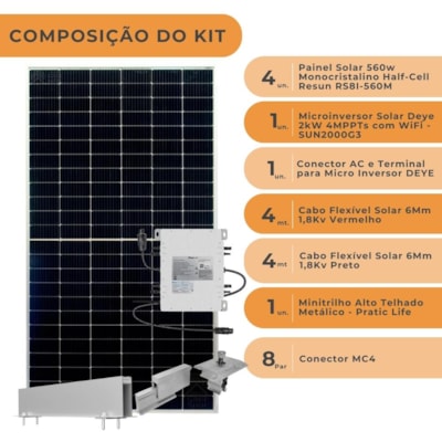 Segunda imagem do produto Kit Gerador Solar 235,2 kwh/mês Microinversor Deye 2,0kw Metálico