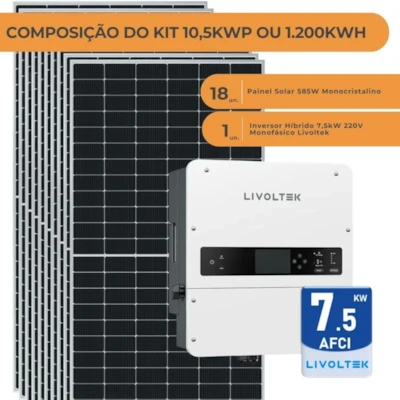 Segunda imagem do produto Kit Gerador Solar Hibrido 1200kWh/mês ou 10,5kWp Livoltek 7,5kW Mono 220V