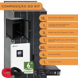 Kit Gerador Solar Hibrido 800kWh/mês ou 7,09kWp Luxpower 6kW Mono 220V
