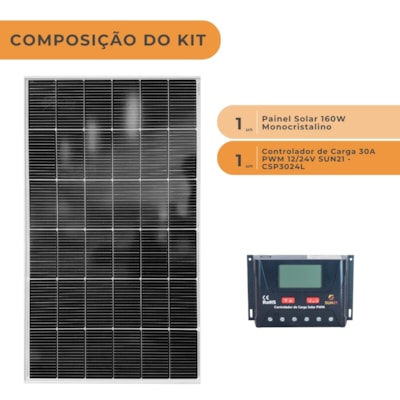 Segunda imagem do produto Kit Painel Monocristalino 160W com Controlador de Carga 30A 12V/24V