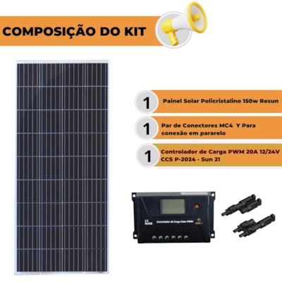 Segunda imagem do produto Kit Painel Solar 150w Com Controlador 20A Sun21 Conector MC4Y