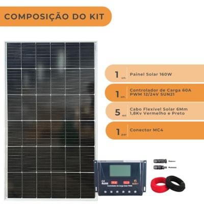 Segunda imagem do produto Kit Painel Solar 160W com Controlador de Carga 60A PWM Sun21