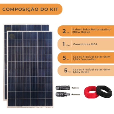 Segunda imagem do produto Kit Painel Solar 560W Policristalino Conector MC4 e Cabos Placa