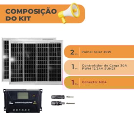 Segunda imagem do produto Kit Painel Solar 60W P/ Caminhão Controlador PWM 30A MC4