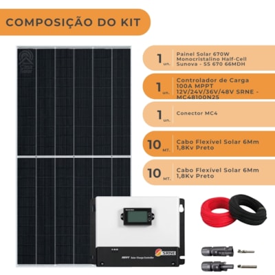 Segunda imagem do produto Kit Painel Solar 670W Sunova com Controlador 100A SRNE 12V/24V