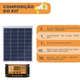 Segunda imagem do produto Kit Painel Solar 80w Resun 12V/24V Controlador Laranjinha 30A