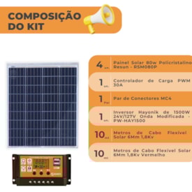 Segunda imagem do produto Kit Painel Solar 80w Resun 24V Inversor Hayonik 1500W 24/127V