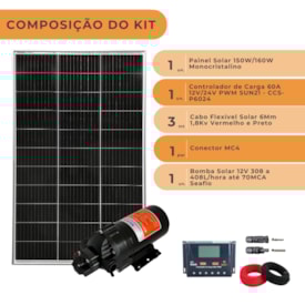 Segunda imagem do produto Kit Placa Solar 150W/160W com Bomba de Superficie 12V 70M