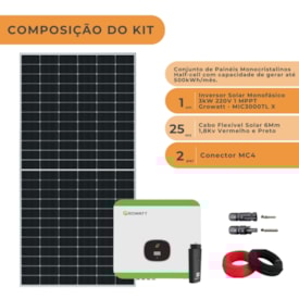 Segunda imagem do produto Kit Placa Solar 500kWh Mês Monocristalino Inversor Growatt 3kW 220V