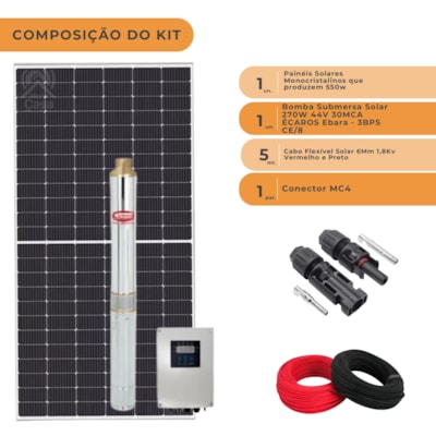 Segunda imagem do produto Kit Placa Solar 555W Bomba Ebara Écaros 270W até 30mca ou 2700L/h