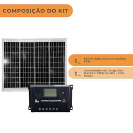 Segunda imagem do produto Kit Placa Solar 80W Controlador Carga PWM 30A