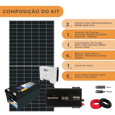 Segunda imagem do produto Kit Solar 1.170W/h Controlador 60A Inversor 1000W 12V/220V e Bateria