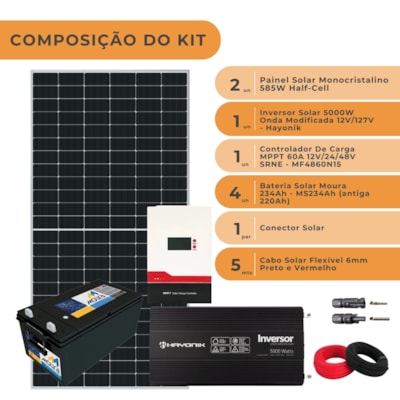 Segunda imagem do produto Kit Solar 1.170W/H Controlador 60A Inversor 5000W 12V/110V e Bateria