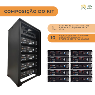 Segunda imagem do produto KIT Solar 10 Baterias de Lítio GETPOWER 48V 100Ah + RACK para 10 baterias