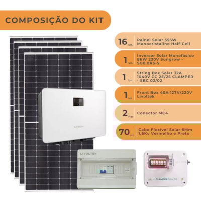 Segunda imagem do produto Kit Solar 1065,6kWh/mês ou 8,88kW Inversor Sungrow 8kW 220V