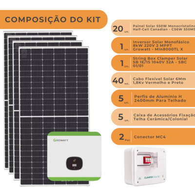 Segunda imagem do produto Kit Solar 11kWp ou 1155kwh/mês Growatt Cerâmico